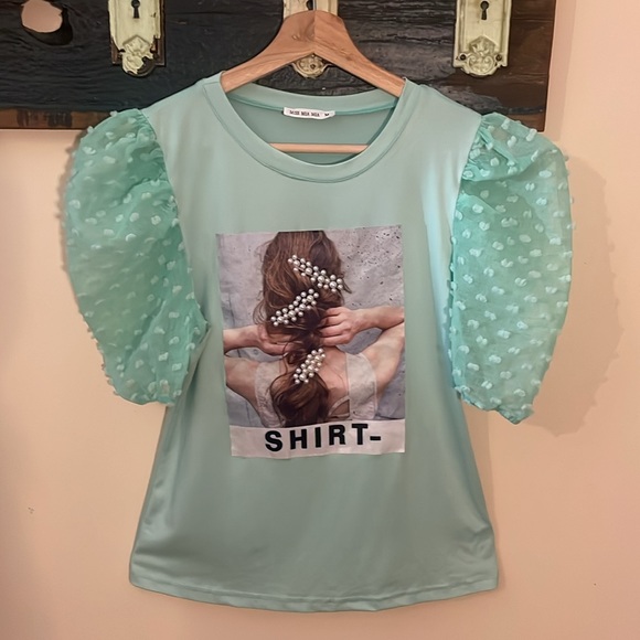 Miss Mia Mia Mint Green Balloon Sleeve Spandex T-shirt Top Size Medium - Picture 7 of 16